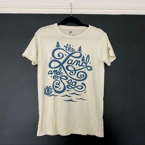 Element cream tee with blue graphic print.